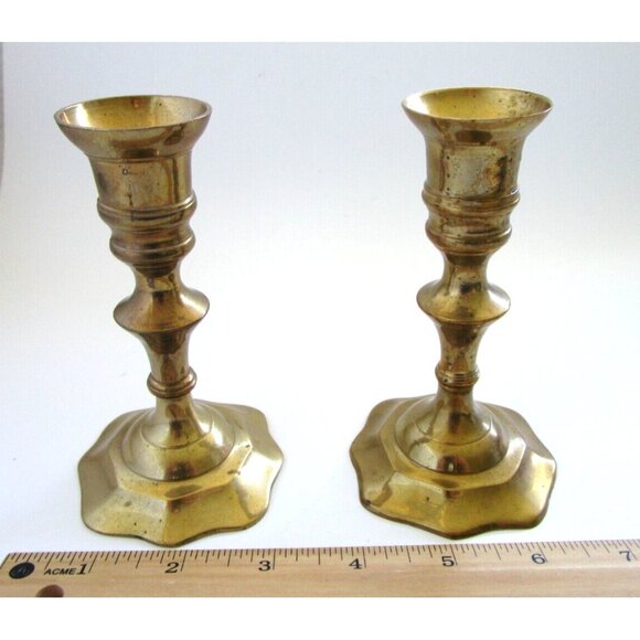 Vintage Brass Candlestick Holders - Set of 2 -Scalloped Design Bases - 5" Height - Picture 13 of 14